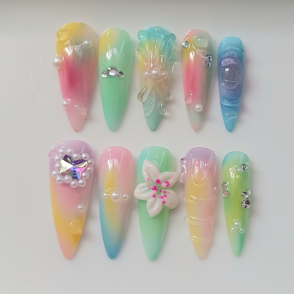 3D Colorful Handmade Press on Nail Art Set with Rhinestones 10pcs
